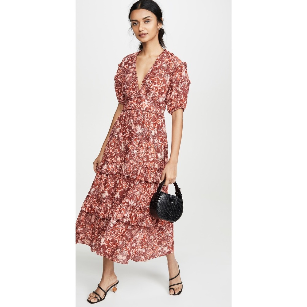 Ulla Johnson Amora Red Floral Print V-Neck Tie Neck Midi Dress Size 4